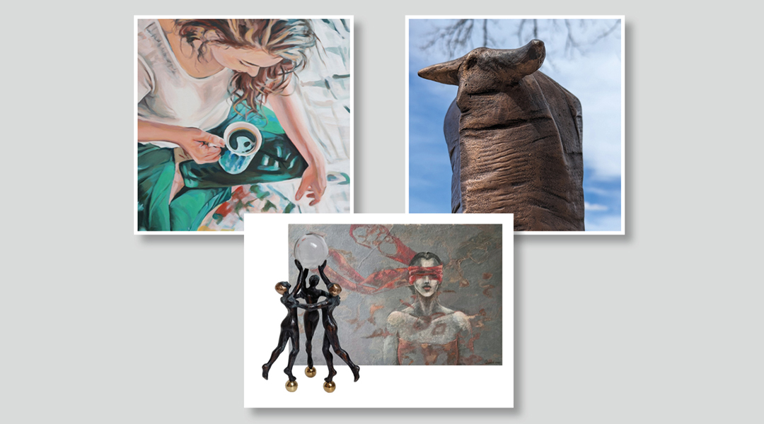 Zusammensetzung von Bildern von den drei Künstlern, eine Frau mit einer Tasse Kaffee, ein Skulptur aus Bronze, drei tanzende Figuren und eine Person mit einem Schal über den Augen