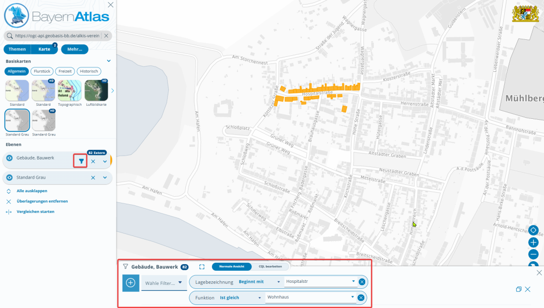 Screenshot aus dem BayernAtlas mit aktiver OG API Features